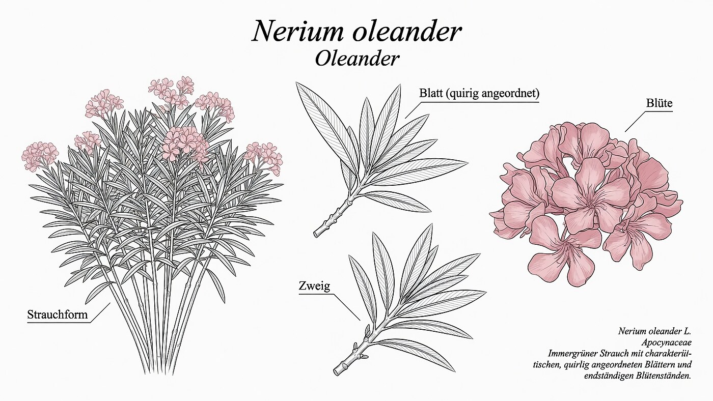 Botanische Illustration des Oleanders (Nerium oleander) mit beschrifteten Details zu Strauchform, quirlig angeordneten Blättern, Zweig und Blüte