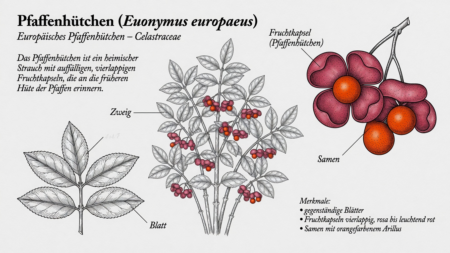 Botanische Illustration des Pfaffenhütchens (Euonymus europaeus) mit beschrifteten Details zu Blatt, Zweig, vierlappiger Fruchtkapsel und Samen mit orangefarbenem Arillus