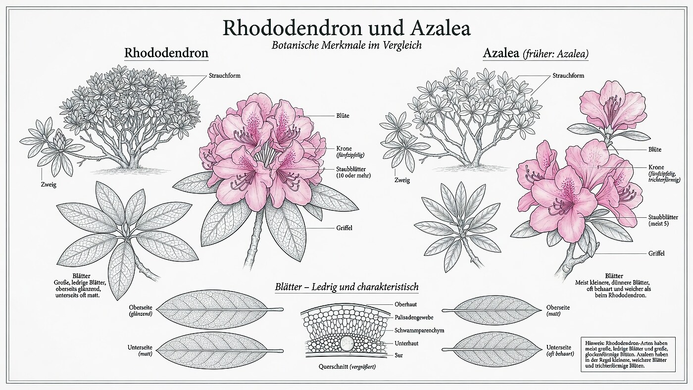 Botanischer Vergleich von Rhododendron und Azalee mit beschrifteten Details zu Strauchform, Blüte, Krone, Staubblättern, Griffel und Blattquerschnitt