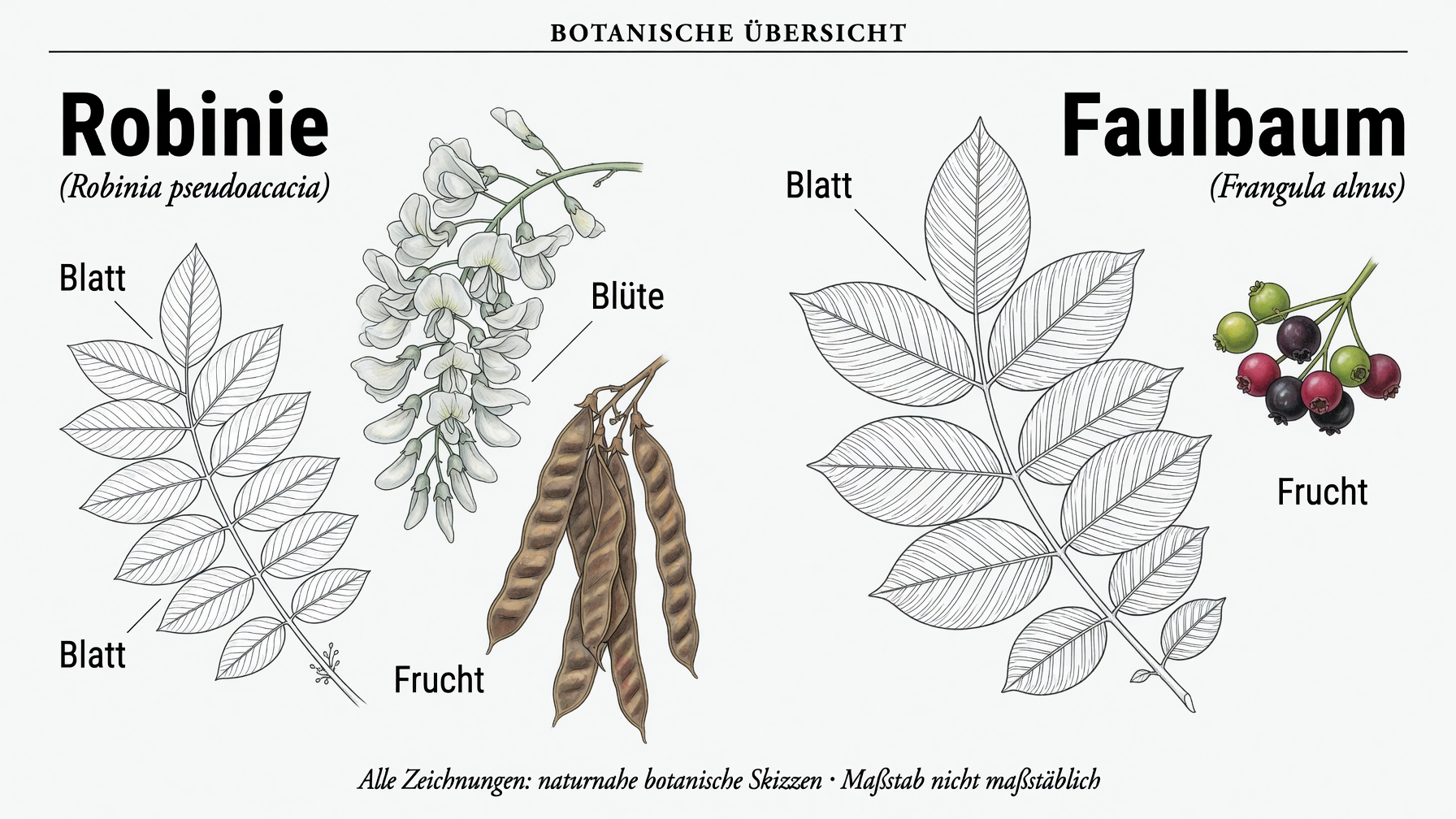 Botanischer Vergleich von Robinie (Robinia pseudoacacia) mit gefiedertem Blatt, weißer Blüte und Hülsenfrucht sowie Faulbaum (Frangula alnus) mit Blatt und Fruchtstand