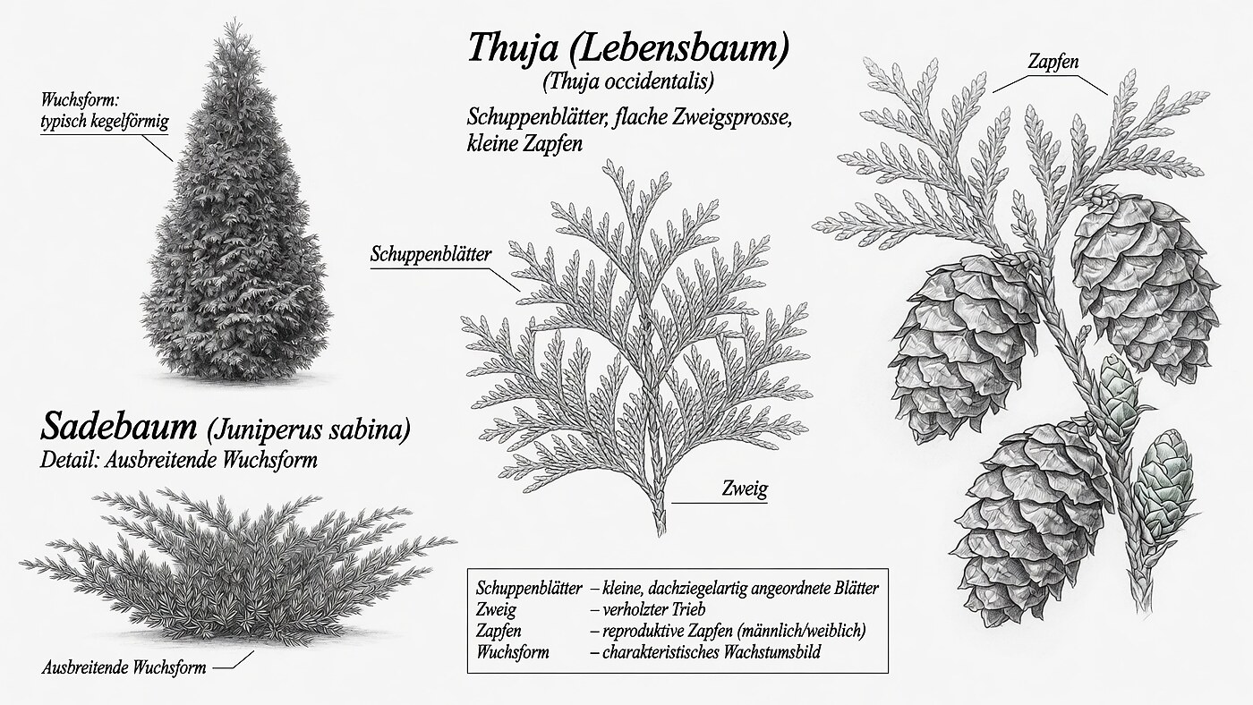 Botanischer Vergleich von Thuja/Lebensbaum (Thuja occidentalis) mit kegelförmiger Wuchsform, Schuppenblättern und Zapfen sowie Sadebaum (Juniperus sabina) mit ausbreitender Wuchsform