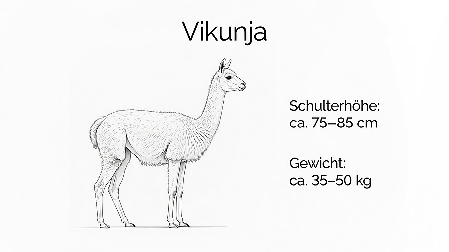 Zeichnung eines Vikunjas im Profil mit Angaben: Schulterhöhe ca. 75–85 cm, Gewicht ca. 35–50 kg
